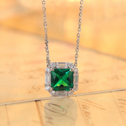 Etoilier 925 Sterling Silver Asscher Cut Synthetic Emerald Necklace Pendant