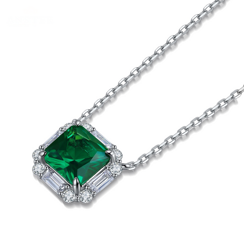 Etoilier 925 Sterling Silver Asscher Cut Synthetic Emerald Necklace Pendant