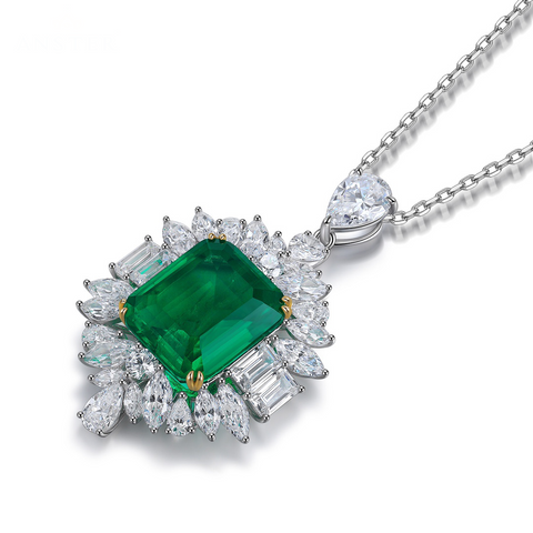 Etoilier 925 Sterling Silver Asscher Cut Synthetic Emerald Necklace Pendant