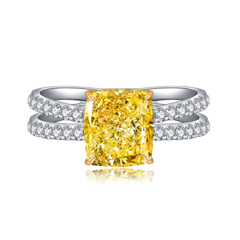 Etoilier Zircon Ring 925 Sterling Silver 2 Cycles Style, Asscher Cut Simulation Yellow Diamond