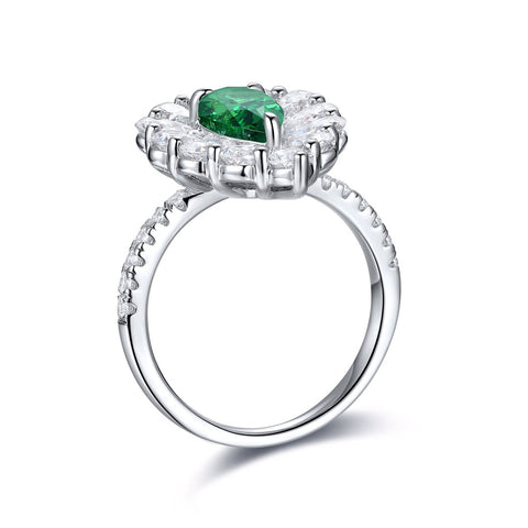 Etoilier Zircon 925 Sterling Silver Pear Cut Synthetic Emerald Ring