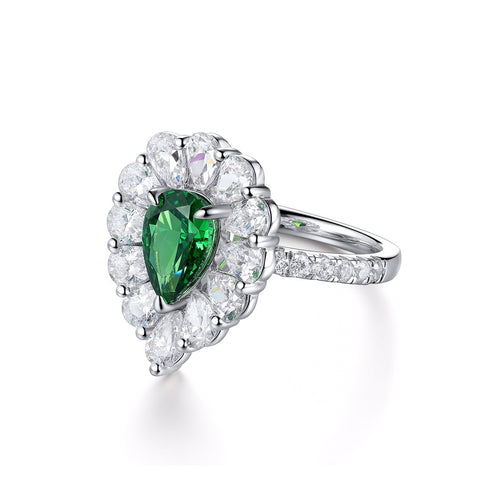 Etoilier Zircon 925 Sterling Silver Pear Cut Synthetic Emerald Ring