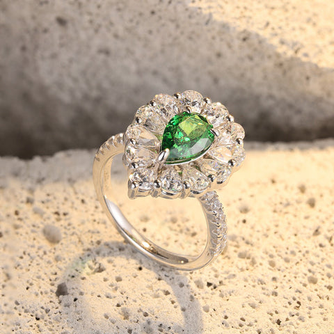 Etoilier Zircon 925 Sterling Silver Pear Cut Synthetic Emerald Ring