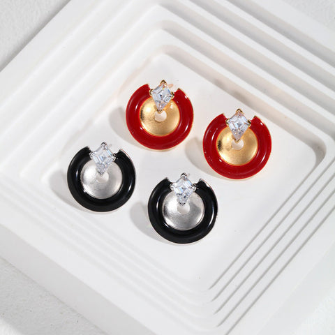 Etoilier 925 Sterling Silver Earring Stud Earrings Stone Red/Black Glaze Earring, Color Silver/Gold Plated