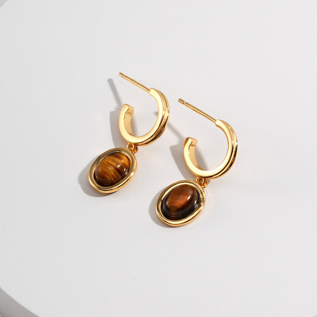 Etoilier 925 Sterling Silver Earring Drop Dangle Earring Tiger Eye Stone Earring, Color Gold Plated