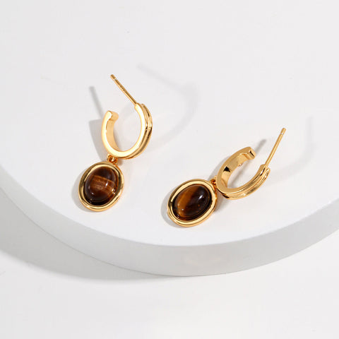 Etoilier 925 Sterling Silver Earring Drop Dangle Earring Tiger Eye Stone Earring, Color Gold Plated