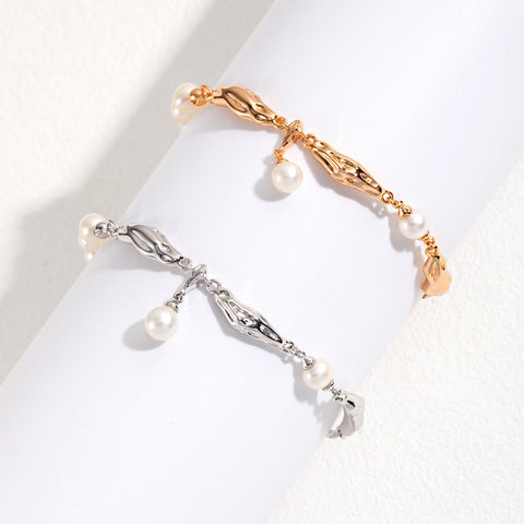 Etoilier 925 Sterling Silver Bracelet Pearl Bracelet Chain Bracelet Beads Bracelet, Color Silver/Gold Plated