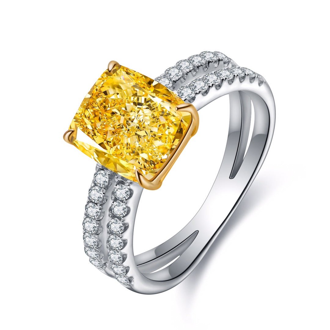 Etoilier Zircon Ring 925 Sterling Silver 2 Cycles Style, Asscher Cut Simulation Yellow Diamond