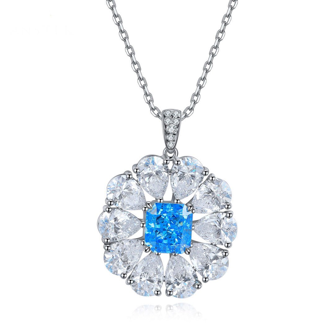 Etoilier 925 Sterling Silver Asscher Cut Synthetic Aquamarine Necklace Pendant