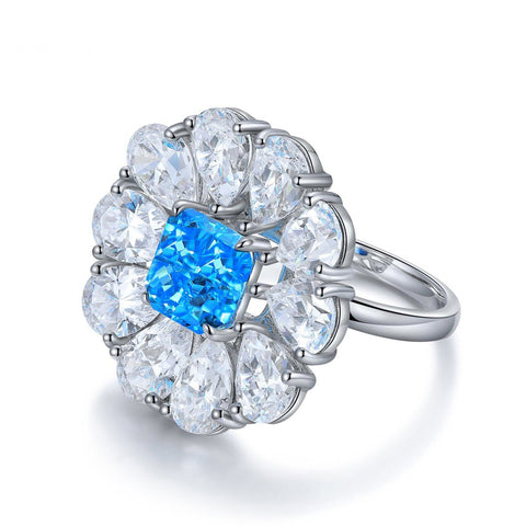 Etoilier 925 sterling silver Asscher Cut Synthetic Aquamarine Ring