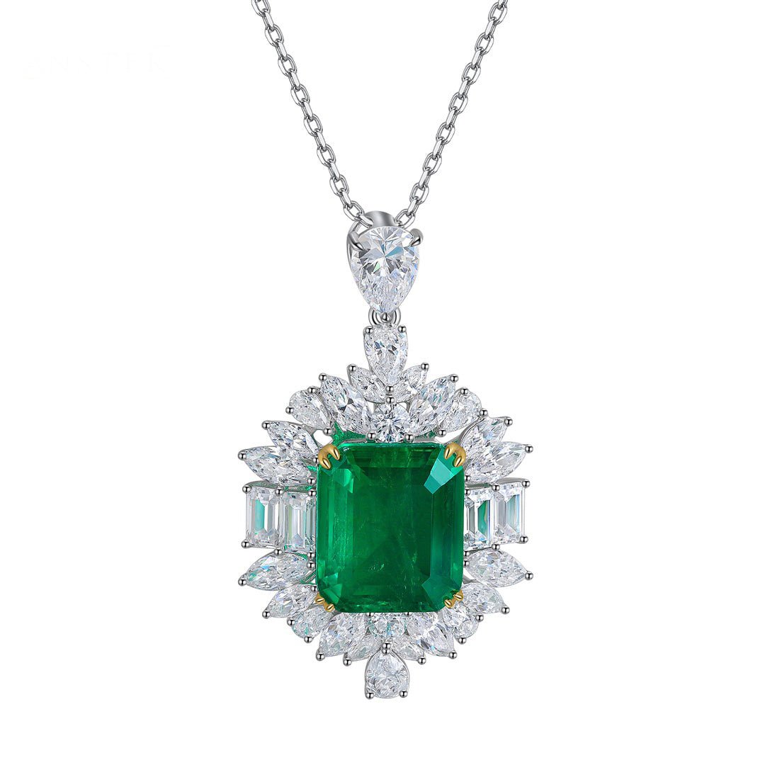 Etoilier 925 Sterling Silver Asscher Cut Synthetic Emerald Necklace Pendant