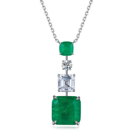 Etoilier 925 Sterling Silver Zircon Necklace Pendant, Asscher Cut Simulation Emerald