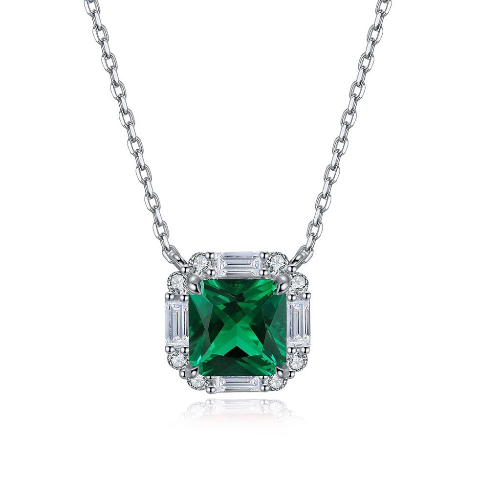 Etoilier 925 Sterling Silver Asscher Cut Synthetic Emerald Necklace Pendant