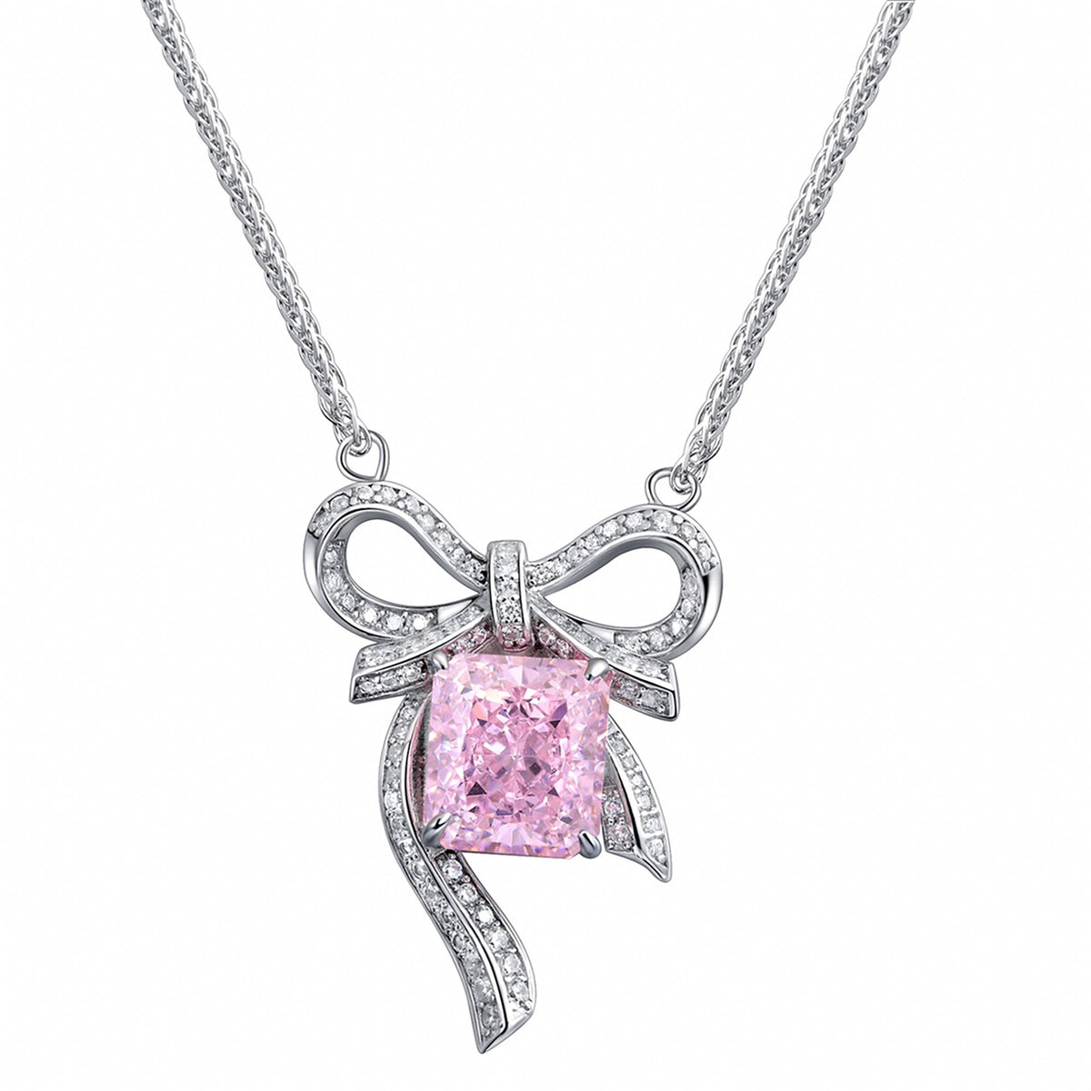 Etoilier 925 Sterling Silver Zircon Necklace Pendant, Asscher Cut Simulation Pink Diamond