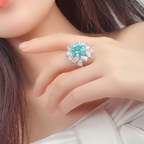 Etoilier Lab Created Paraiba  925 Sterling silver Ring, blue Yttrium aluminum garnet sun flower