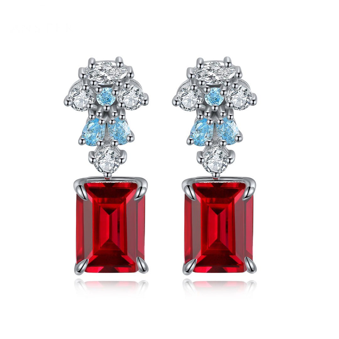 Etoilier 925 Sterling Silver Emerald Cut Synthetic Ruby Earring