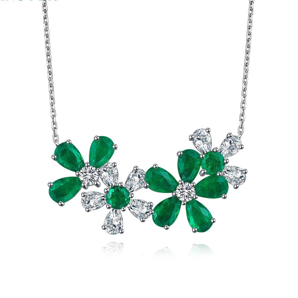 Etoilier Zircon 925 Sterling Silver Synthetic Emerald Necklace, Multiple Stones Pendant