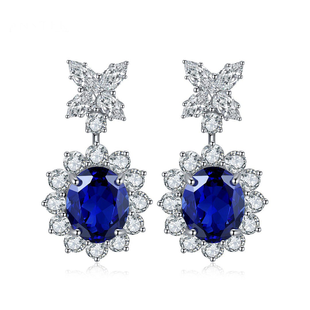 Etoilier Zircon 925 Sterling Silver Oval Cut Synthetic Sapphire Earring