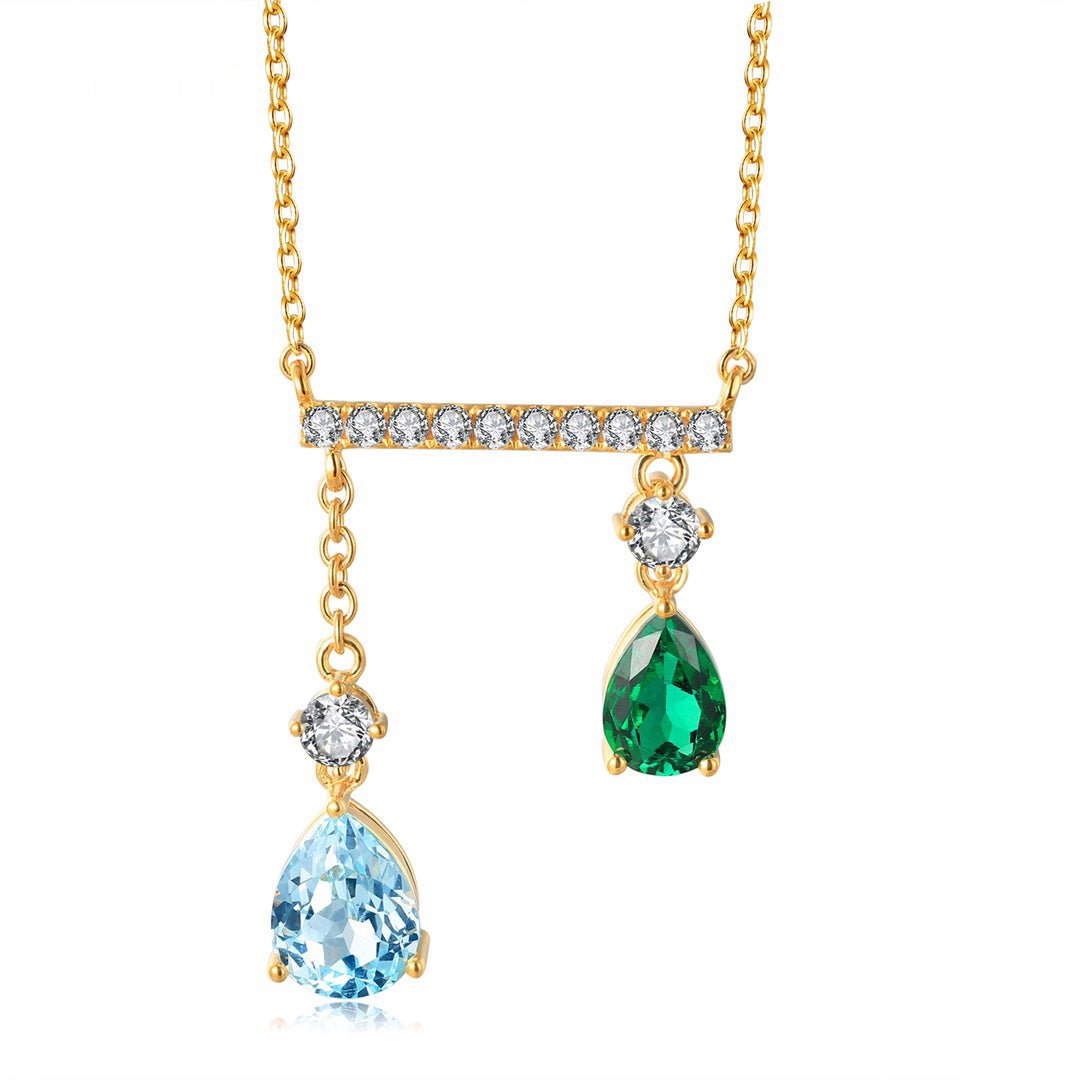 Etoilier Lab Created Emerald & Lab grow Aquamarine 18K Gold Pear Cut Pendant