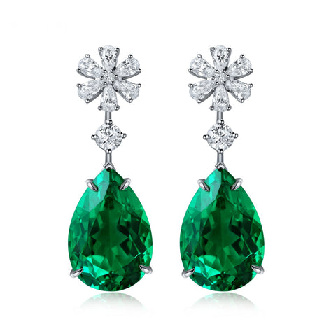 Etoilier Zircon 925 Sterling Silver Pear Cut Synthetic Emerald Earring,