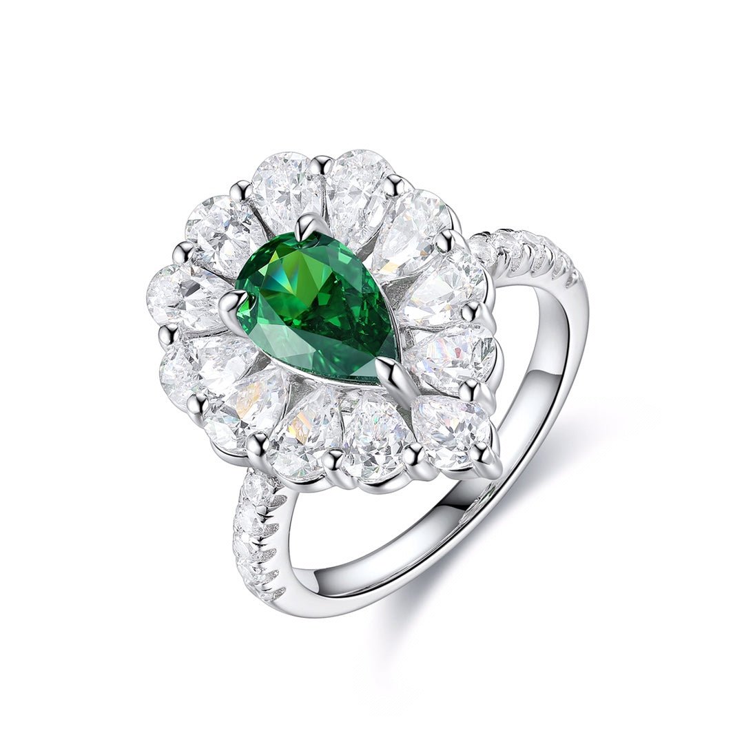 Etoilier Zircon 925 Sterling Silver Pear Cut Synthetic Emerald Ring