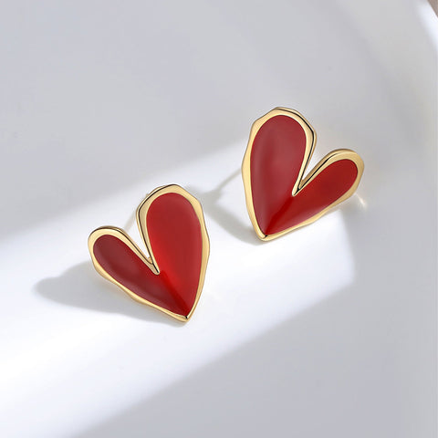 S925 SilverWine Red Heart Glaze Earring - etoilier